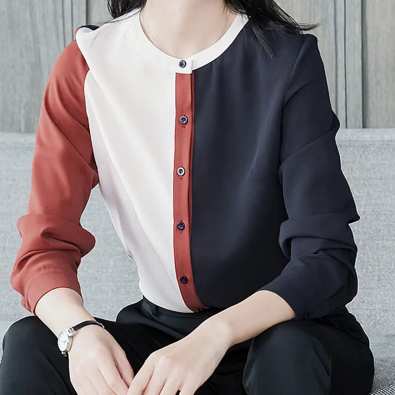 Новые весенне-летние офисные женские рубашки с длинными рукавами шифоновая блузка в стиле пэчворк универсальные повседневные женские топы, женские блузки D194