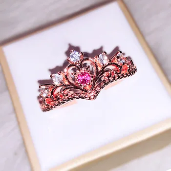 

CHAMSS Rose Gold Diamond Open Crown Ring Fashionable Simple Female Engagement Ring