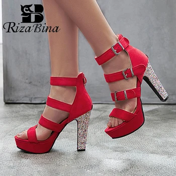 

RIZABINA Gladiator Sandals Women Fashion Buckle High Heel Summer Shoes Women Platform Bling Heel Party Footwear Size 34-43