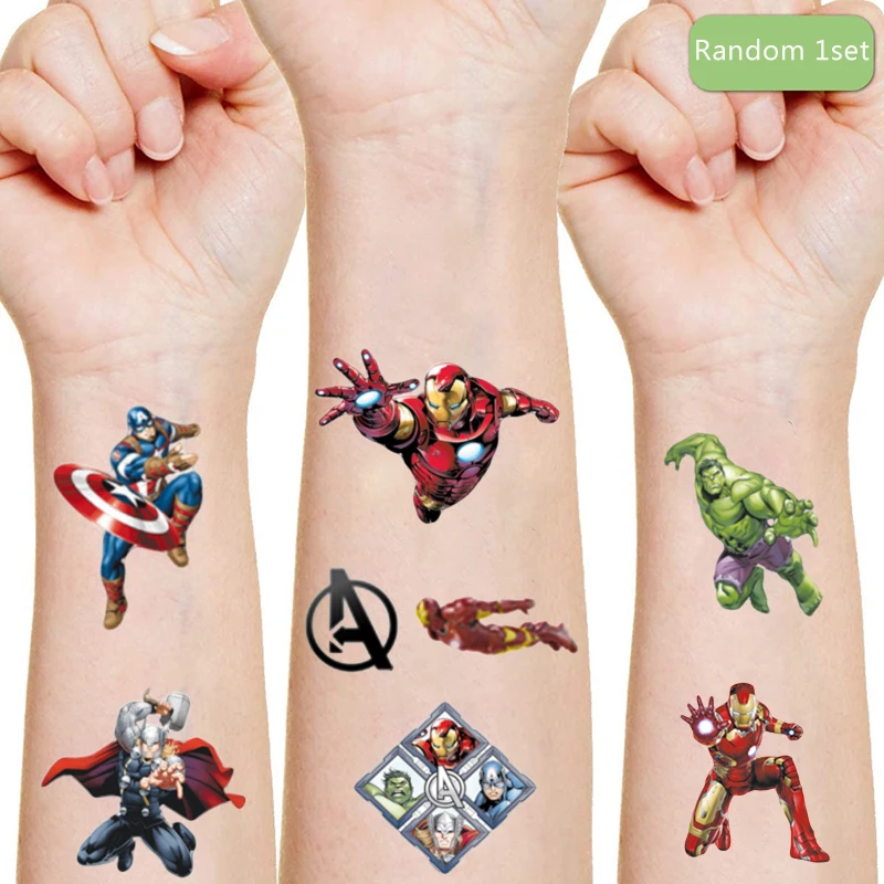 Pegatina de tatuaje de marvel de Disney para niños, decoración de fiesta de cumpleaños, figura de acción de iron Man, pegatina de Hulk, regalo para niños de dibujos animados