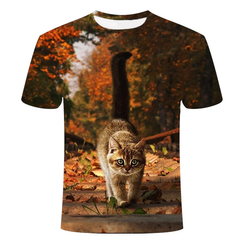 

2020 New Cool 3D Flower Cat Pattern T-Shirt Summer Casual Short-Sleeved Round Neck Top Cute Print Street Clothing Animal