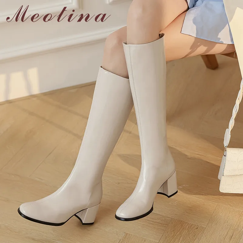 

Meotina Real Leather Knee High Boots Women High Heel Shoes Square Toe Long Boots Zipper Chunky Heel Boots Ladies Autumn Winter