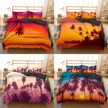 

ZEIMON 3D Palm Tree Bedding Set Beautiful Sunset Duvet Cover Set Quilt Cover Pillowcases Scenic Home Textiles 3pcs
