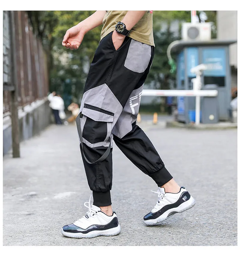Pockets Cargo Pants Men Letter Embroidery Hip Hop Harem Joggers Color Patchwork Track Trousers Man Skateboard Streetwear Pants