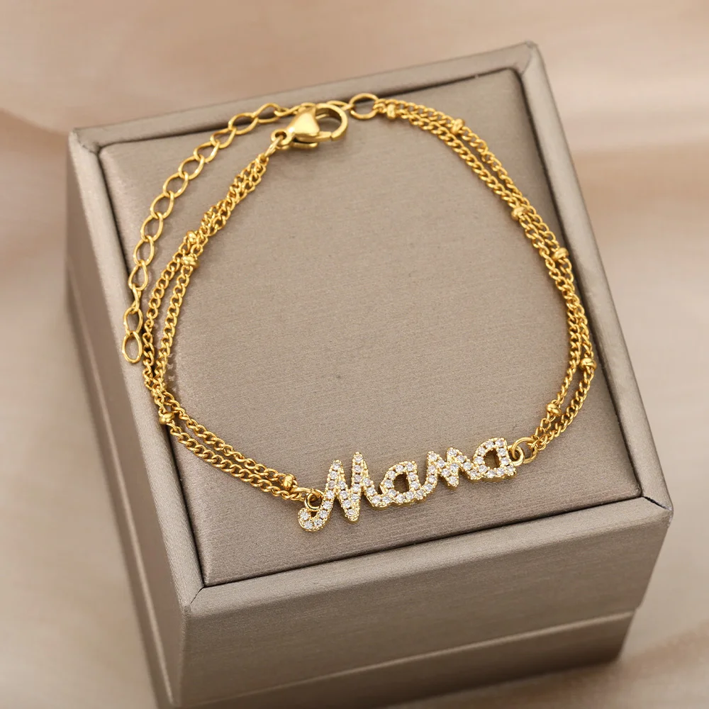 Zircon Letter Mama Bracelets Stainless Steel Double Bead Link Chain