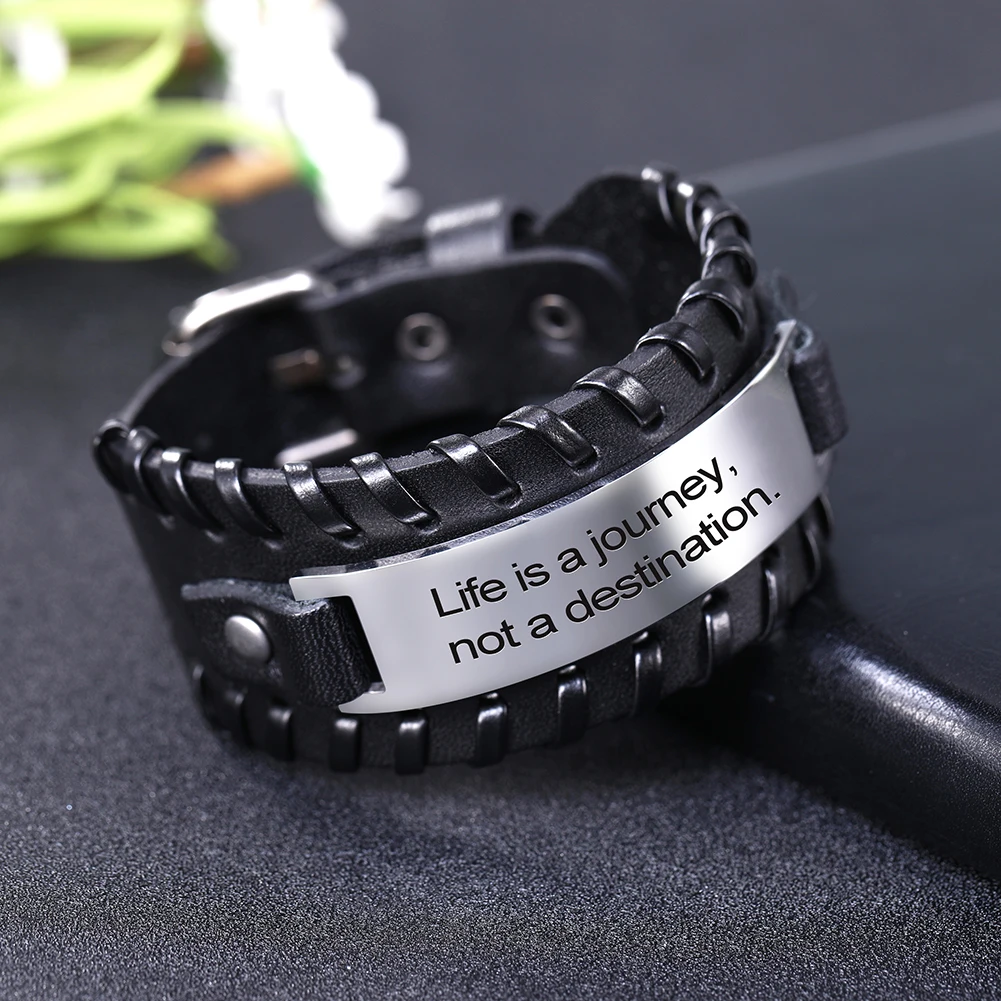 EUEAVAN 5pcs Proverb Positive Black/Brown Leather Bracelet Saying Charm Stainless Steel Jewelry For Men Gift Wholesale
