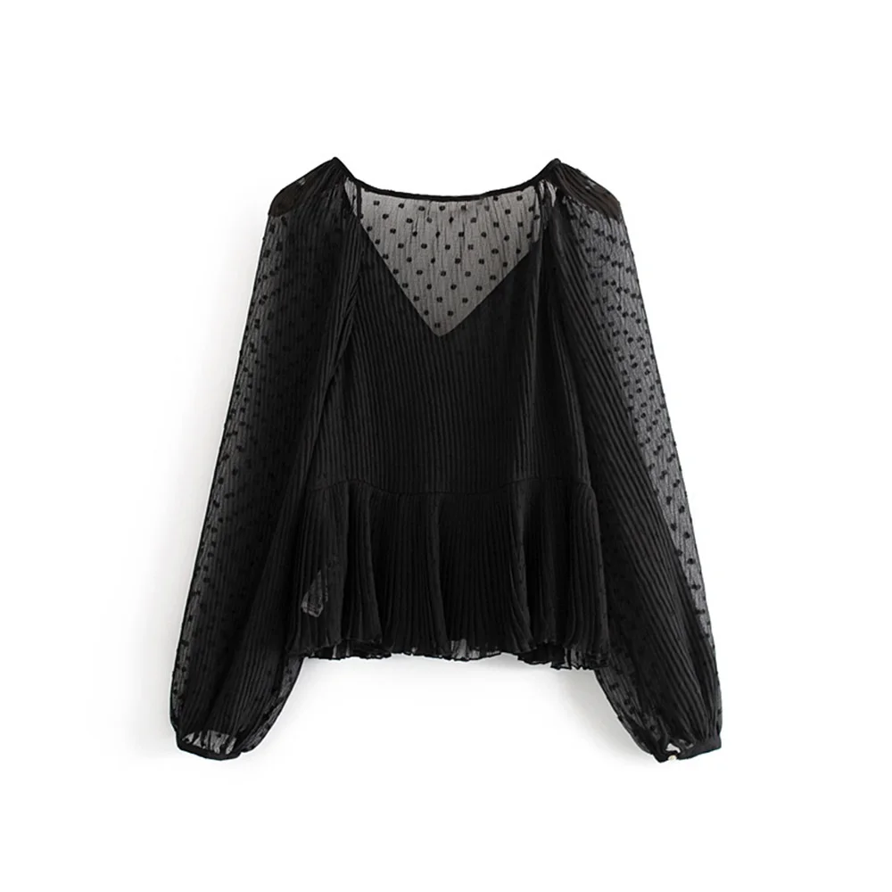 Online Principios de otoño 2019 nueva blusa de gasa de cuello en V de manga con borde de hoja de loto de retales europea y americana