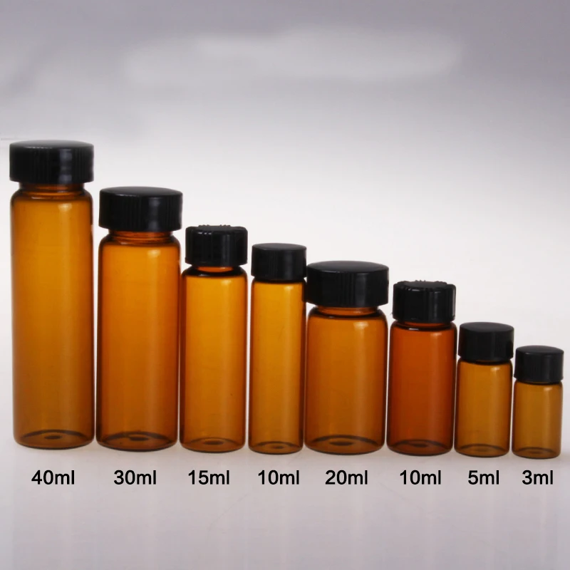20pcs/pack 3ml 5ml 10ml 15ml 30ml 40ml 50ml (Clear/ brown) Glass Seal Bottle Reagent Sample Vials With Plastic Lid Screw Cap