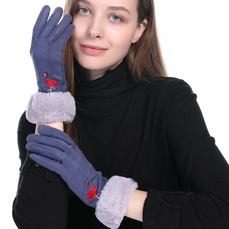 Зимние перчатки для женщин, утепленные меховые варежки с сенсорным экраном, женские Мультяшные вышитые перчатки для вождения с фламинго