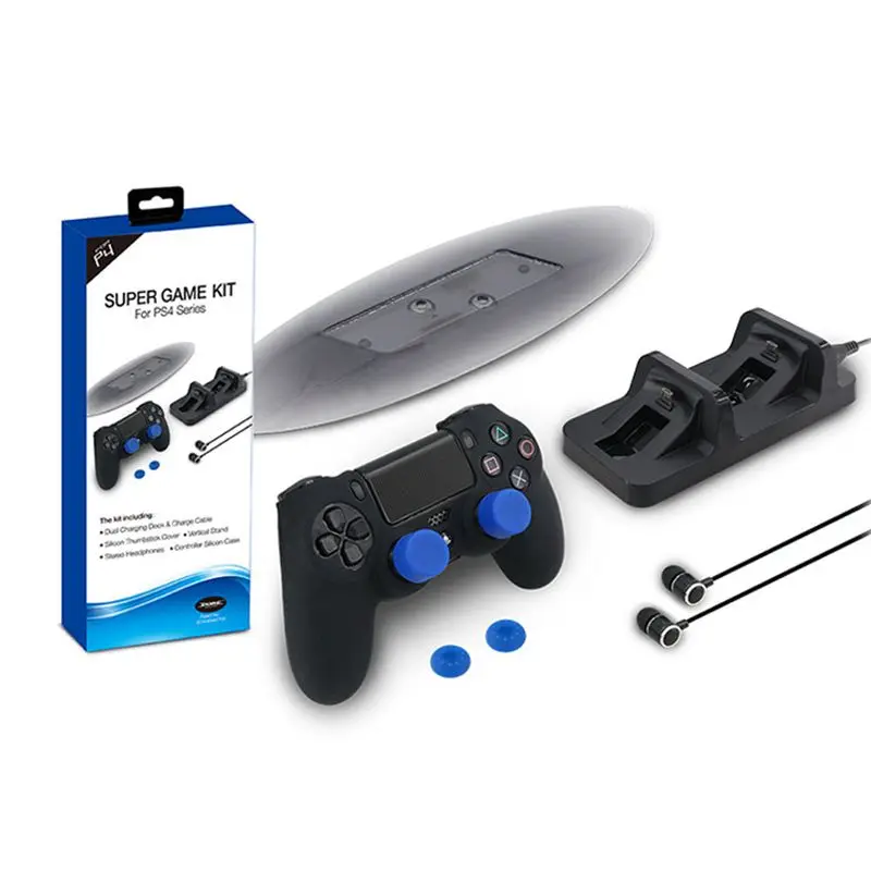 Для PS4 Тонкий комплект аксессуаров двойной контроллер зарядная станция + наушники + силиконовый чехол + Крышка для джойстика + вертикальная