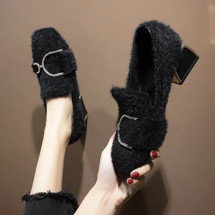 

Fluffy Shoes Women's Winter Outer Wear Autumn And Winter 2019 New Style High-Heel Chunky-Heel Fashion Network Red Versatile Slip