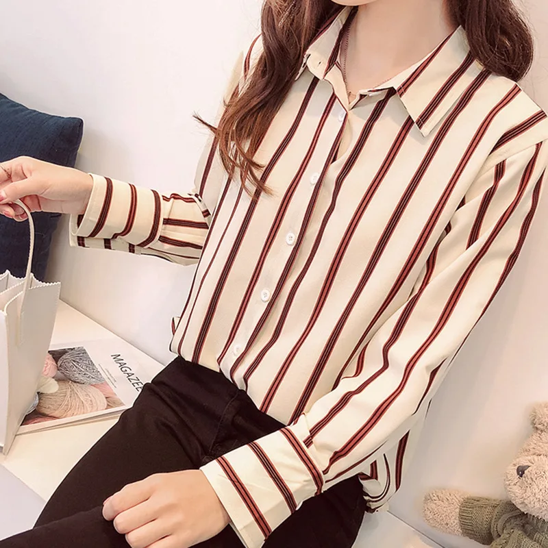 Осенняя женская блузка, Корейская свободная Модная рубашка в полоску, женские блузки, весенние Рубашки с длинным рукавом, Женские повседневные топы плюс