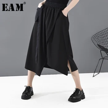 

[EAM] High Elastic Waist Black Asymmetrical Spit Joint Pocket Half-body Skirt Women Fashion Tide New Spring Autumn 2020 1T481