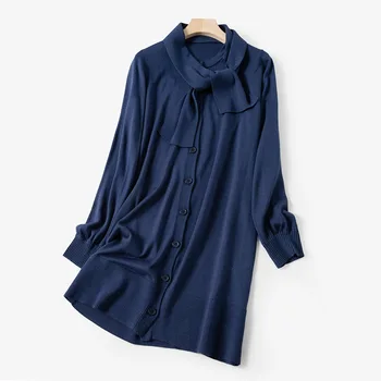 

Women Dress 2020 Spring and Summer New Style Scarf Collar Wool Cardigan Dress Royal Blue Temperament Dress
