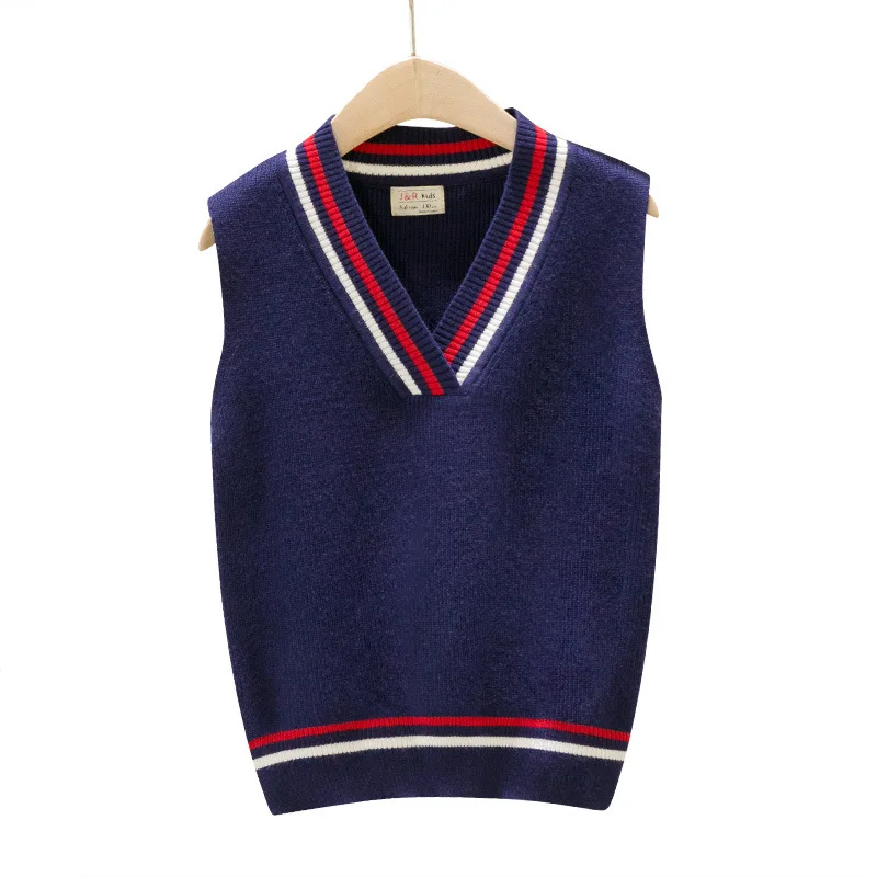 Navy blue Жилет в консервативном стиле для больших мальчиков, осенне-зимние вязаные свитера без рукавов для девочек-подростков, школьная форма, одежда с v-образным вырезом - Цвет: Navy blue