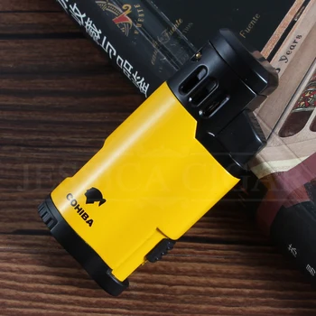 

COHIBA Portable Windproof Blue Flame 4 Jet Cigar Lighter Built-in Punch Gas Torch Lighters Refilling Cigars Accessories