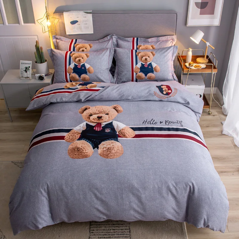 20 Brushed Cotton Bedding Set Queen King Size Chinese Style Flower Teddy Bear Deer Cartoon Plaid Duvet Cover Bedsheet Pillowcase - Цвет: 20