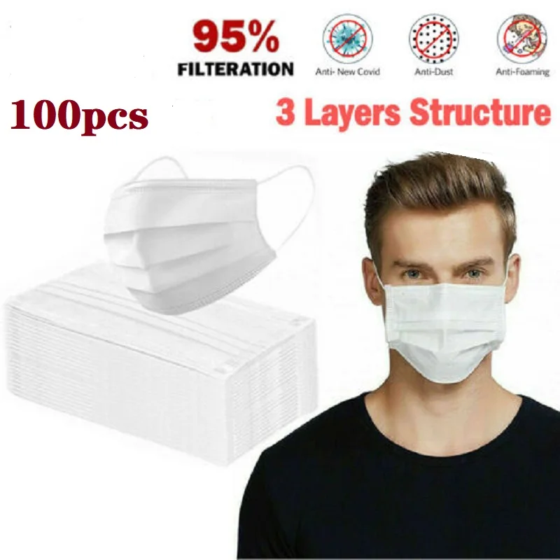 

Fast Shipping 100PCS Disposable Mask White 3-Layer Mouth Face Masks Ear Loop Non-Woven Mask Anti-fog Face Masker Wholesale