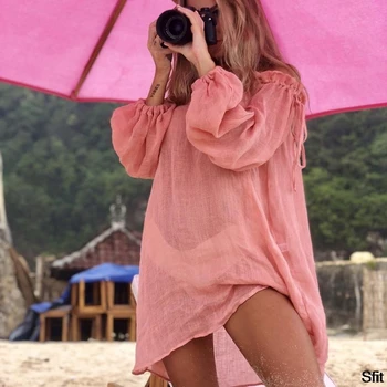 

2020 Hot Cotton Beach Dress Cover Up Fashion Swim Cover-ups Long Sleeve Beachwear Off Shoulder Bikini Women Cover Up Tunic New