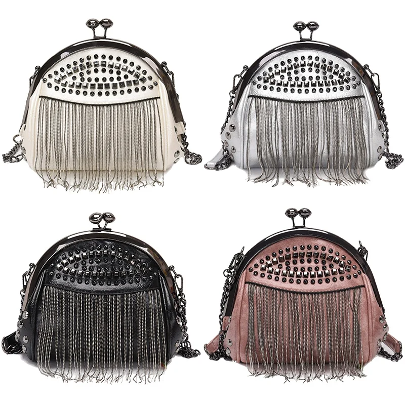 

JHD-Retro Tassel Fashion Shell Bag New Rivet Personality Clip Lock Single Room Messenger Bag Tide