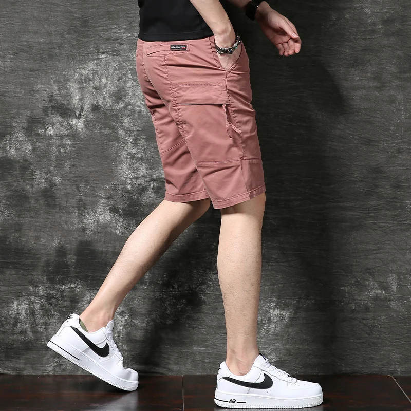 

Summer Thin Cargo Shorts Men Fashion Korean Retro Red Loose Straight Casual Knee Length Pants