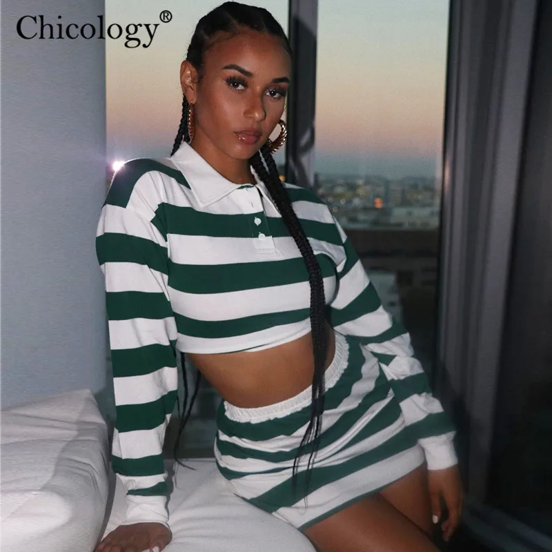 

Chicology stripe 2 two piece matching set T-shirt crop top hight waist mini skirt long sleeve 2019 autumn winter casual clothes