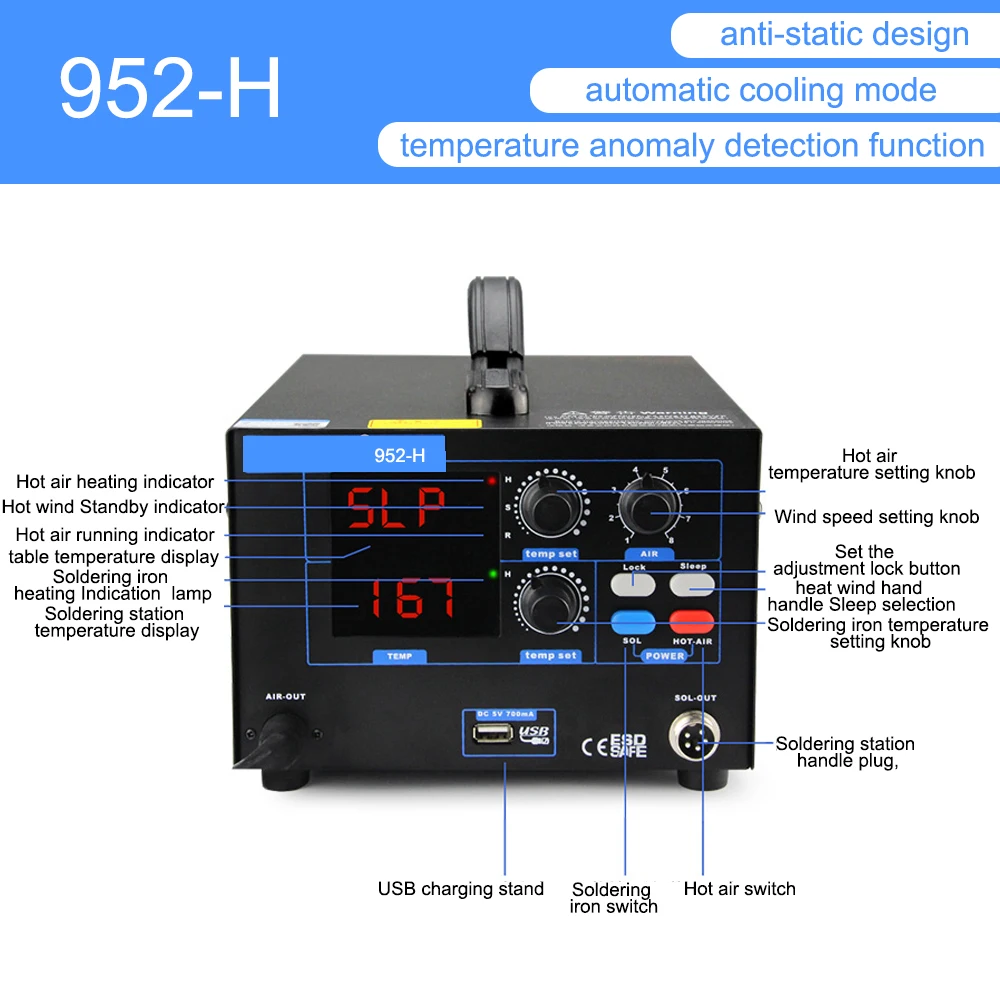 952H 650W антистатическое Спаивание горячим воздухом станция светодиодный двойной дисплей паяльная станция горячего воздуха пистолет станция Сварка тепловой пушкой инструмент