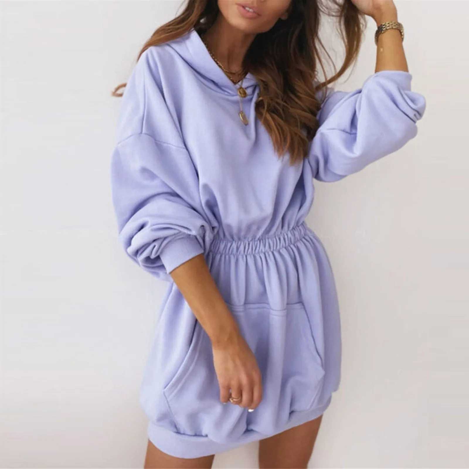Hoodies Sweatshirt Dress Autumn Women Fitting Solid Color Hooded Dress Long Sleeve Waist Sweatshirts Dress loose Vestidos Mujer 1