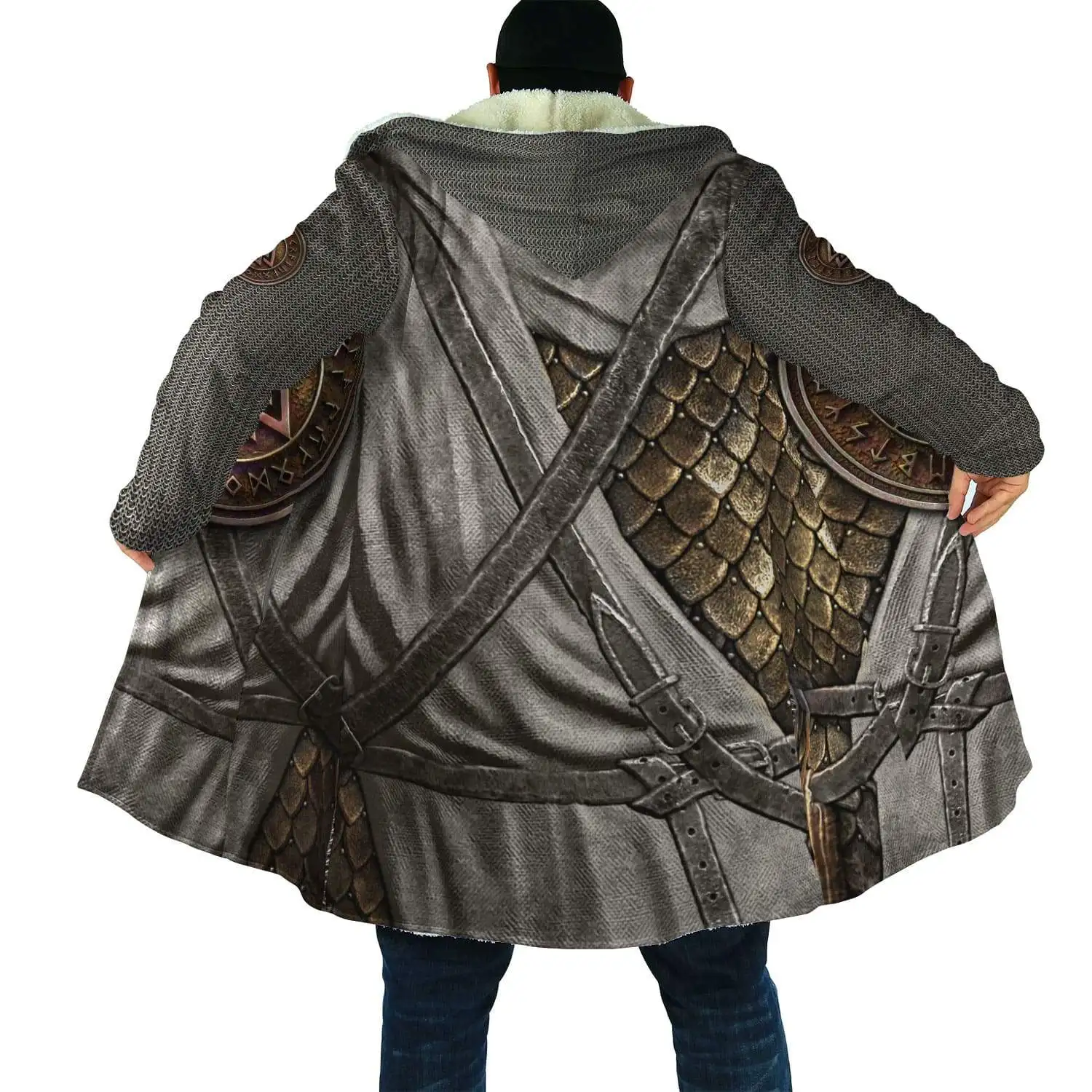 2023 Winter Fashion Mens cloak Warrior Armor Chain 3D Printing Thick Fleece Hood cloak Unisex Casual Warm Cape coat DP11