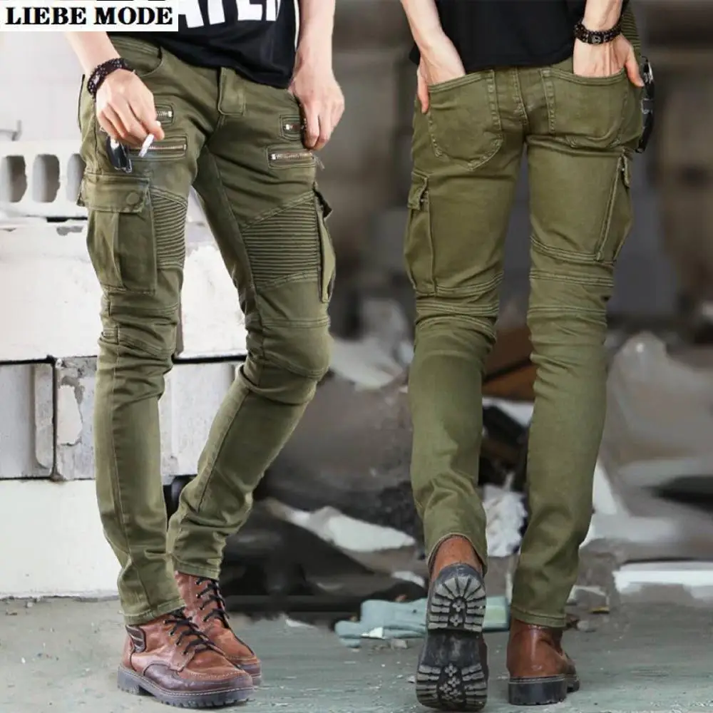 Джинсы-карго мужские зауженные повседневные брюки Slim Fit из денима байкерские с