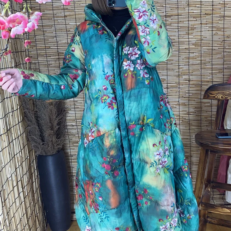 

90% white duck down embroidered down jacket cocoon style women down jackets hooded RETRO outerwear loose long coat womens parka