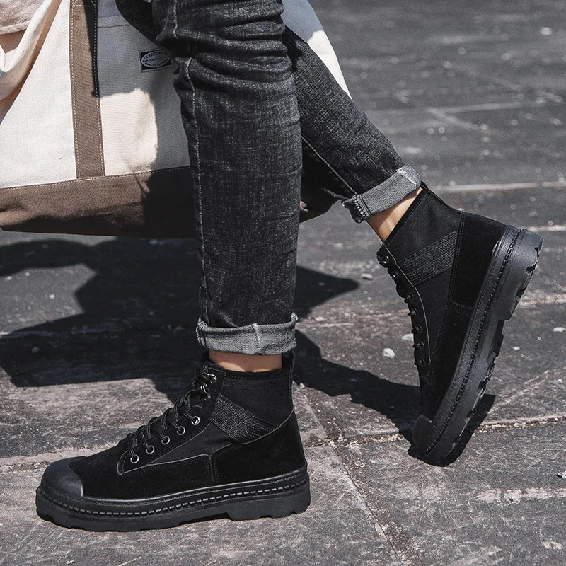 Мужские уличные ботинки; сезон осень-зима; повседневные мужские ботинки; цвет черный, хаки; винтажные мотоботы; модная повседневная обувь