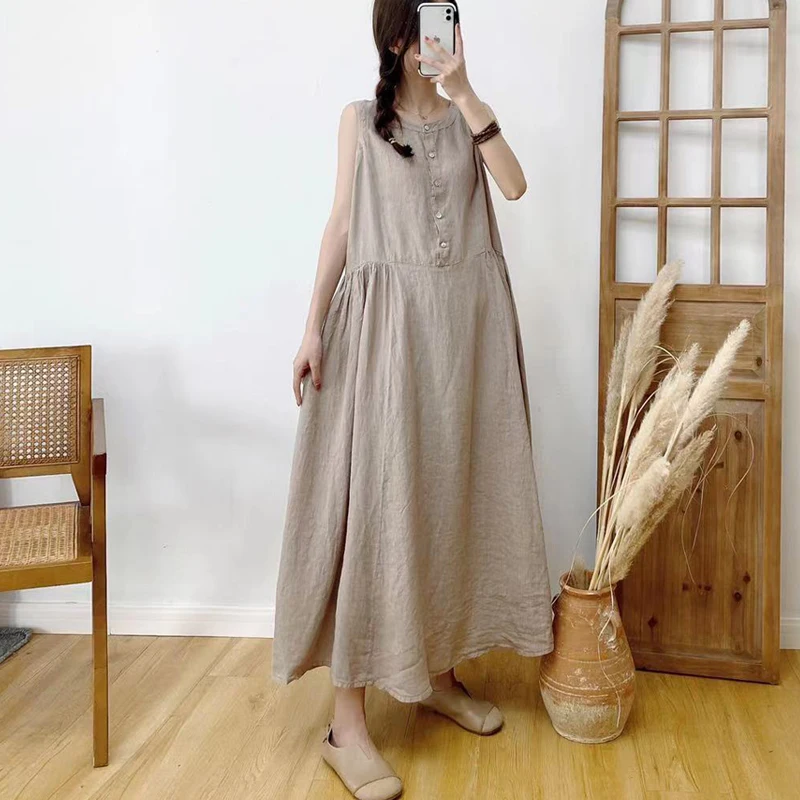 

Женское винтажное льняное платье Johnature, однотонное свободное платье без рукавов, с круглым вырезом, на пуговицах, в стиле мори, для лета, 2023