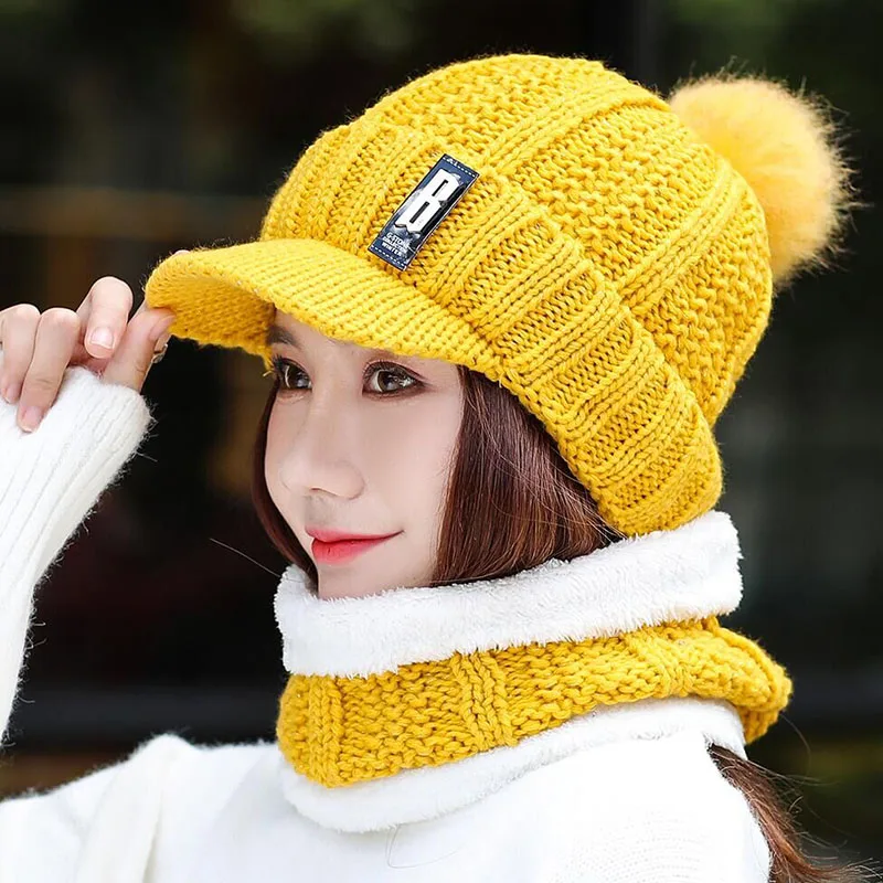 Новинка, 1 комплект, женская зимняя шапка, шапка для волос+ шарф, вязанная шапка с буквами в, женская теплая вязанная шапочка, Лыжные шапки, вязаный шарф - Цвет: yellow