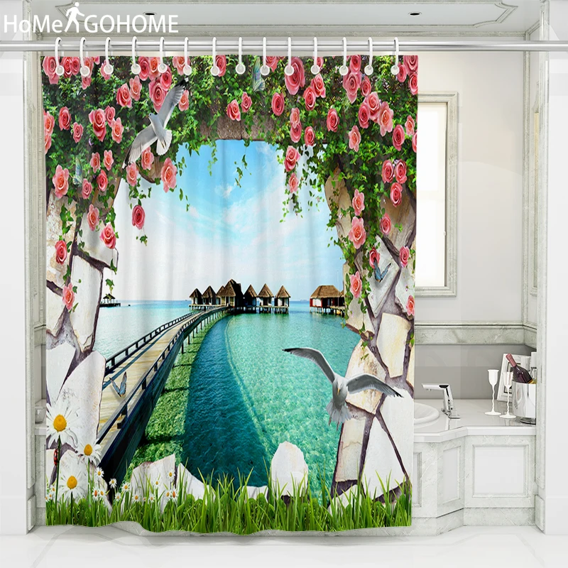 

Flower Bird 3D Shower Curtains Waterproof Fabric Bath Screen Curtain for Home Decoration Bathroom Curtain Stone Wall Sea Scenery