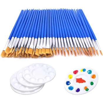 

60 Pcs Flat Paint Pallet Brush with 5 PCS Round Paint Tray Palettes for Kids,Art Paint Brushes Nylon Hair Small Brush