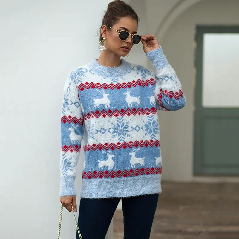 Женский красный свитер, Зимний Рождественский пуловер с круглым вырезом, женский джемпер с длинным рукавом, вязаный свитер, женские зимние блузки с оленем