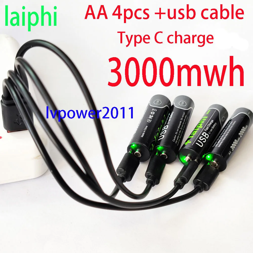 4pcs laiphi AA USB battery 1.5V 3000mwh lipolymer lipo usb rechargeable lithium TYPE C battery