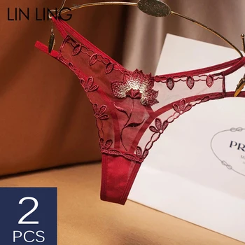 

2 Pieces Sexy Thong Mesh Transparent underwear women Hollow Embroidered Panties Low-Rise Delicate Lingerie Tempting G-string Hot