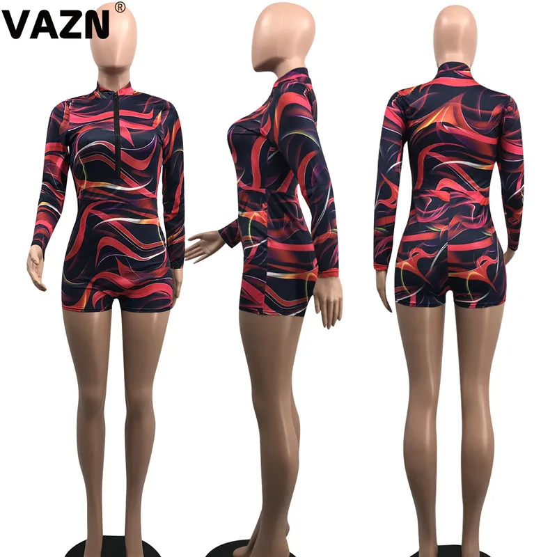 VAZN GYD18082 chic design summer sexy lady colors bodysuit full sleeve zipper fly skinny jumpsuit lady sexy club jumpsuits