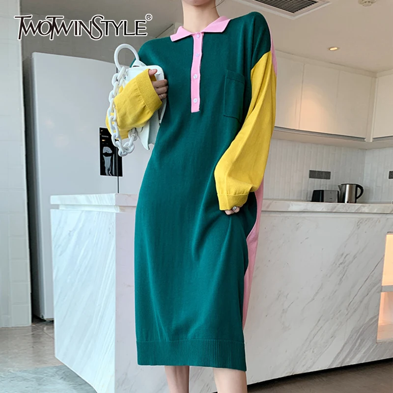 TWOTWINSTYLE Casual Patchwork Hit Color Dress For Women Lapel Collar Long Sleeve Loose Korean Dresses Female 2020 Autumn New TWOTWINSTYLE Casual Patchwork Hit Color Dress For Women Lapel Collar Long Sleeve Loose Korean Dresses Female 2020 Autumn New