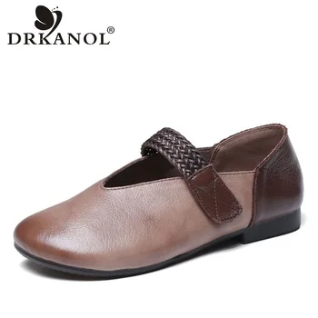 

DRKANOL Brand Ladies Shoes 2020 Handmade Women Loafers 100% Genuine Leather Round Toe Retro Casual Flat Shoes Loafers Woman