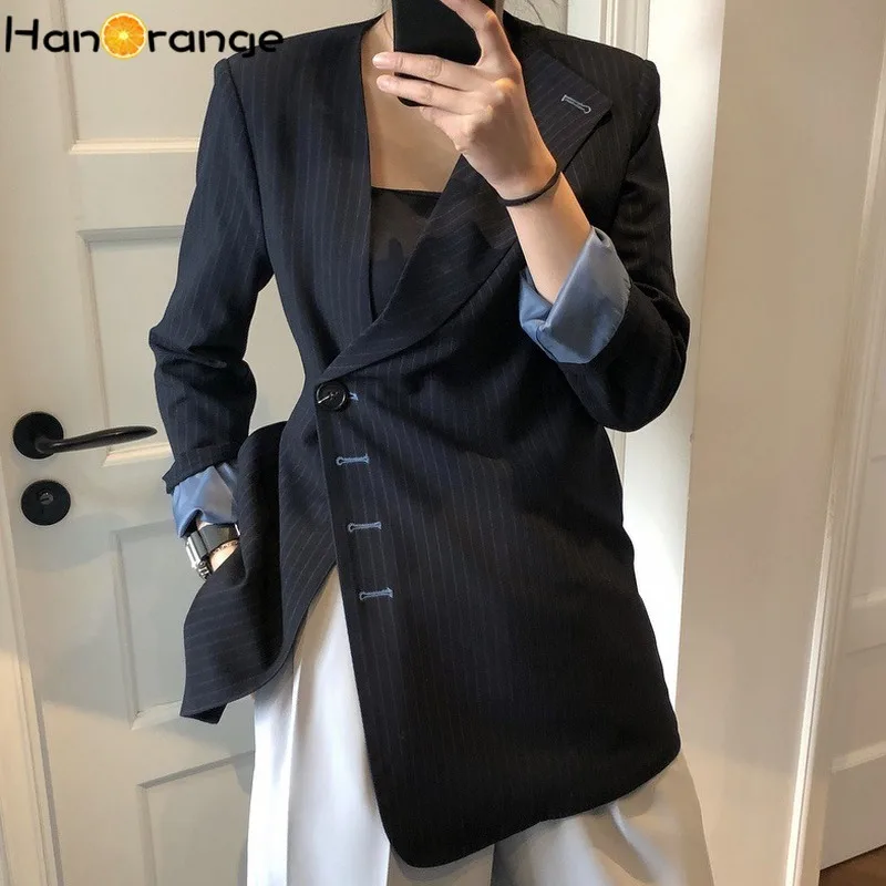 

Spring Autumn Fashion Asymmetric Blazer Cross-Body Slim Striped Jacket Women