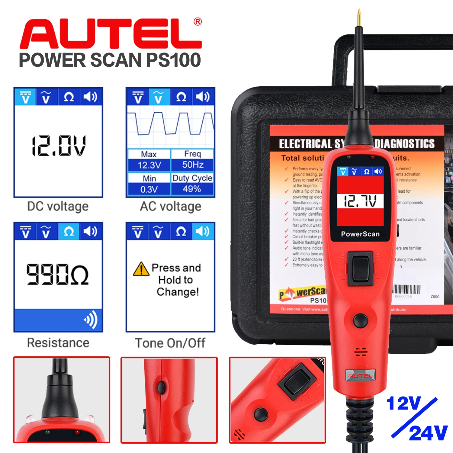 12V 24V Car Power Circuit Probe Tester 5 Modes Auto Electrical System Powerscan 
