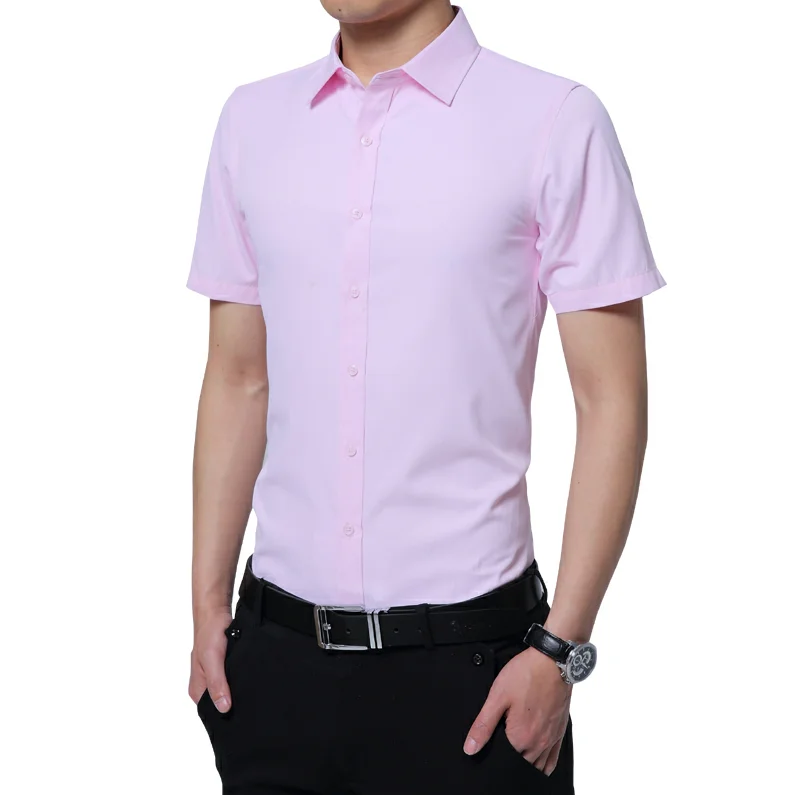 Для мужчин модная мужская Повседневное короткий рукав Slim Fit хорошее качество однотонный мужской Для Мужчин's брендовая одежда размера плюс 5XL - Цвет: Розовый
