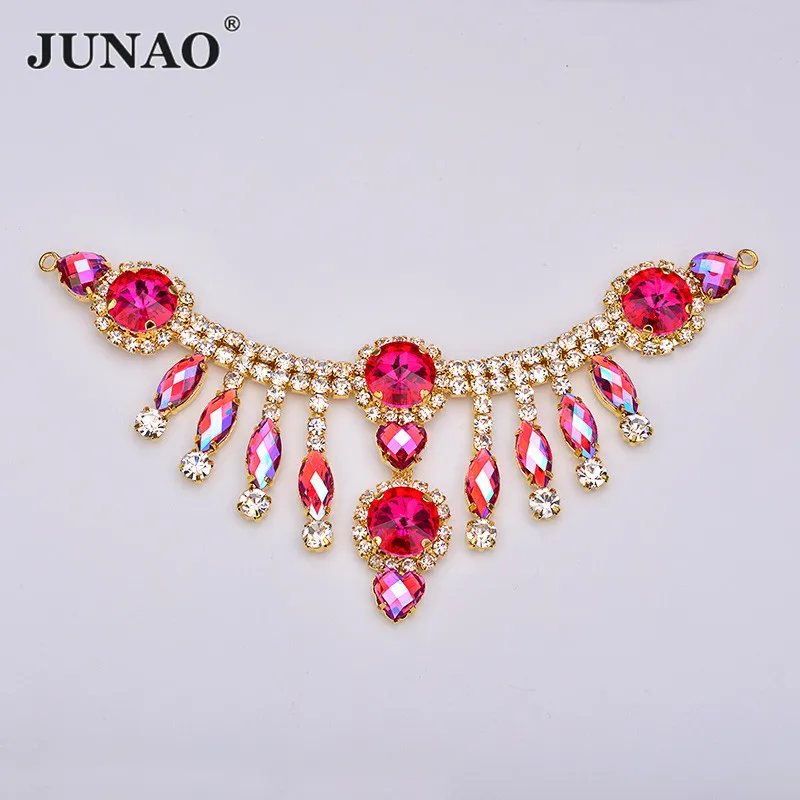 

JUNAO 155*60mm Rose AB Glass Rhinestone Chain Fringe Flowers Strass Applique Metal Trim Sewing Crystal Connector for DIY Crafts
