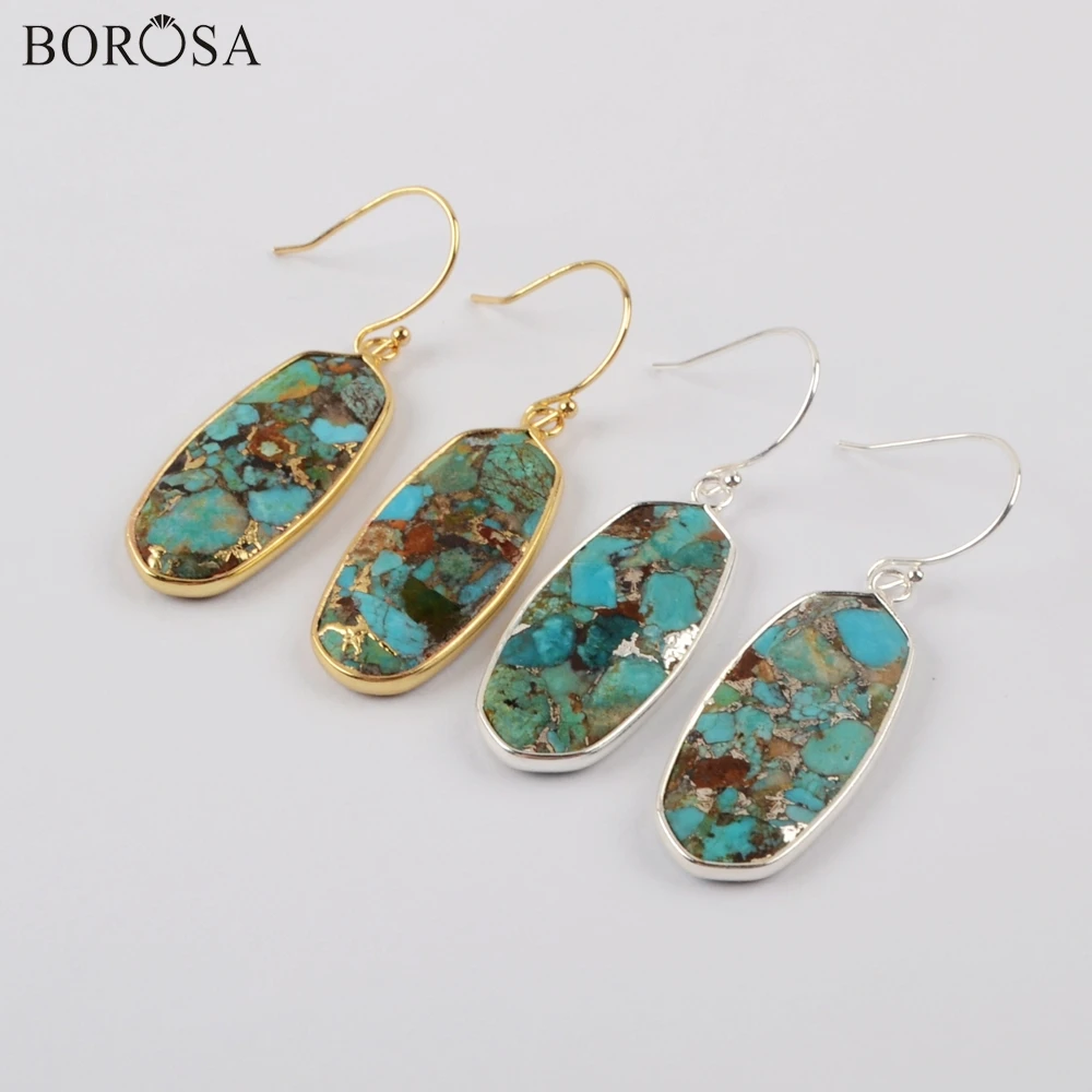BOROSA 5 пар Новые Медные натуральные бирюзовые серьги из золота/с серебряной рамкой Природный камень синего цвета и металлическая линия висячие серьги G1924