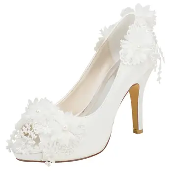 

8 cm High Heel Satin White Slingback Wedding Pumps With Flower