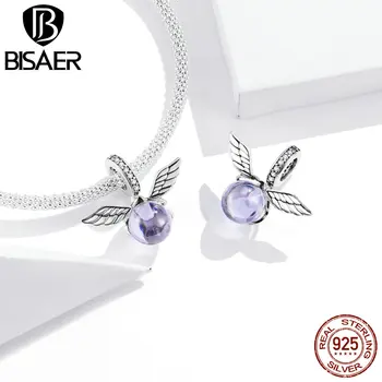 

BISAER Charms 925 Sterling Silver Purple Elf Ball Beads Purple Glass Pendant For Bracelets Necklace Fashion Jewelry Gift GXC1598