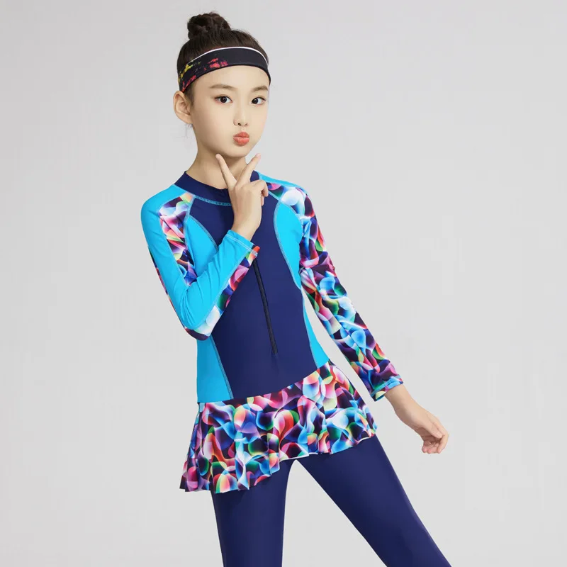 Conservative Muslim Swimsuit For Girls Front Zipper Modest Swimwear Swimming Suit Children Long Sleeve Borkini Mujer Islamico